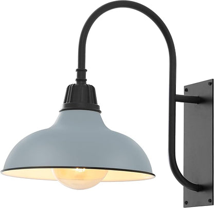 JONATHAN Y 12.25" Matte Silver 1-Light Blue/Black Farmhouse Gooseneck Outdoor Wall Sconce Lamp, with Black Metal Bowl Shade, Industrial Iron LED Porch Light for Patio Garage Entryway (JYL7614K)