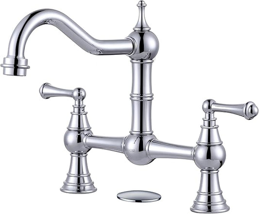 WOWOW Chrome Kitchen Faucet for Sink 2 or 3 Hole Solid Brass Kitchen Sink Faucet, 8 inch Centerset Bridge Faucet for Kitchen Sink, 2 Handles Classic Heritage Bridge Kitchen Faucet