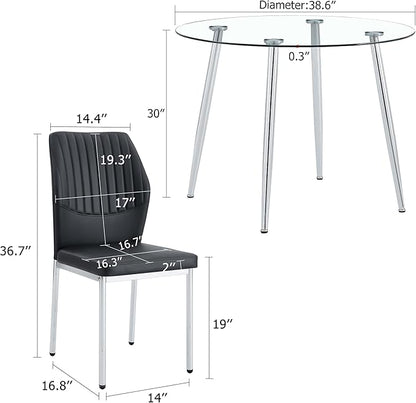 38.6 Inch Round Tempered Glass Dining Table and Chairs Set for 4, Transparent Kitchen Table with Silver Metal Legs & Black PU High-Resilience Chairs, Modern Style for Dining Room, Kitchen
