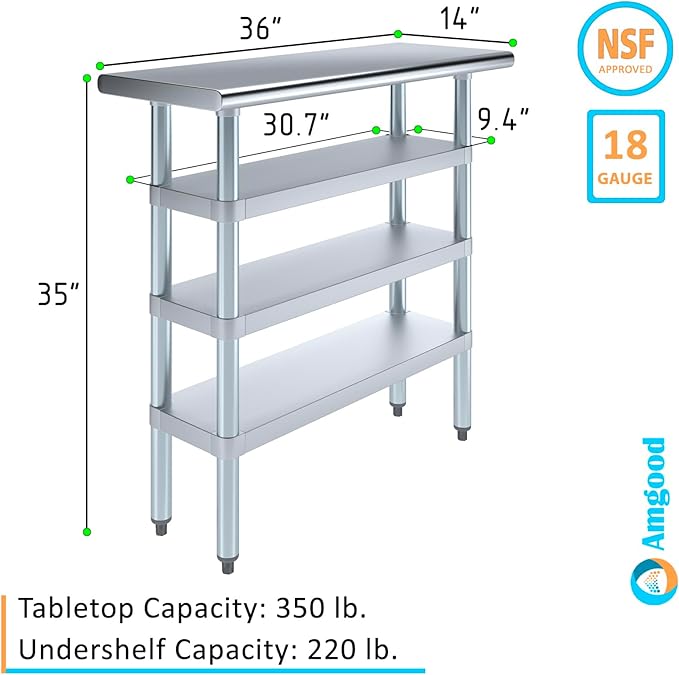 AmGood Stainless Steel Work Table with 3 Shelves | Kitchen Island Food Prep | Laundry Garage Utility Bench | NSF Certified (36" Long x 14" Deep)