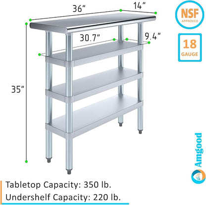AmGood Stainless Steel Work Table with 3 Shelves | Kitchen Island Food Prep | Laundry Garage Utility Bench | NSF Certified (36" Long x 14" Deep)
