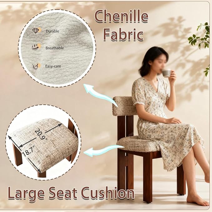 Walnut Dining Chairs Set of 4, Modern Farmhouse Kitchen Island Chairs with Rubber Wood Frame Non-Slip Foot Pads,Boucle Upholstered Wooden Dinner Chair for Living Room Dinning,Brown–Gray Chenille