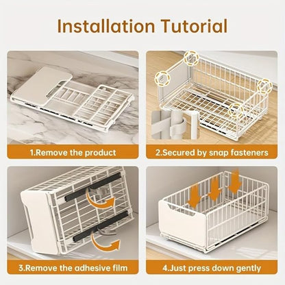 Pull Out Cabinet Organizer Fixed with Adhesive Nano Film, 1 Pack Sliding Mesh Cabinet Basket with Handle, Heavy Duty Slide out Pantry Shelves Drawer Storage for Home, Kitchen, Bathroom, Black