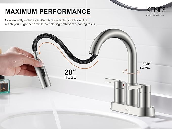 KENES Brushed Nickel Pull Down Bathroom Faucet, 4 Inch 2 Handle Centerset Bathroom Faucet 3 Hole with Pull Out Sprayer, Bathroom Sink Faucet with Pop Up Drain & Supply Lines LJ-9069