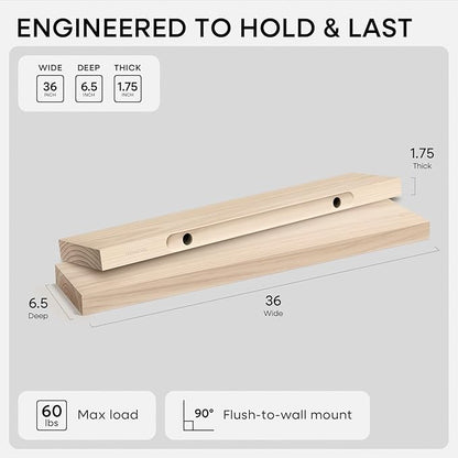 Homeforia 36 inch Wood Floating Shelves, High End Solid Natural Wood 36inch Large Floating Shelf Bathroom, Unfinished Wooden Floating Shelves for Wall, Heavy Duty Bracket, 36 X 6.5 X 1.75 in, Set of 3