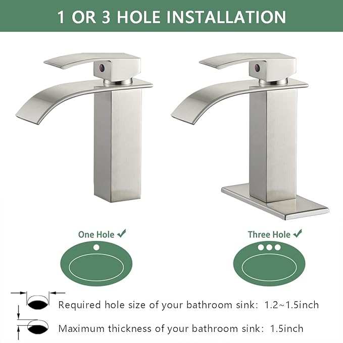 VOTON Waterfall Bathroom Faucets Brushed Nickel Modern Single Handle Sink Faucet for 1 or 3 Holes with Deck Plate and Pop-Up Drain, Rv Sink Camper Farmhouse Faucet
