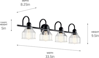 Kichler Avery 4-Light Bathroom Vanity Light Fixture with Clear Seeded Glass in Black, Industrial Farmhouse Wall Mount for Bathroom Mirror (33.5" x 9.5" x 8.25"), 45974BK