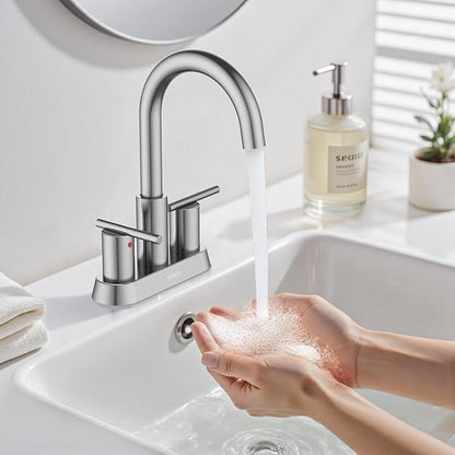 Hurran 4 Inch Bathroom Faucet for Sink 3 Hole, Brushed Nickel Bathroom Faucet with Pop-up Drain and 2 Supply Hoses,Stainless Steel Lead-Free 2-Handle Centerset Faucet for Sink Vanity RV