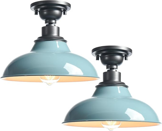 SAMTEEN Farmhouse Semi Flush Mount Ceiling Light 12-Inch Aqua Blue Flush Mount Barn Light Industrial Barn Ceiling Light Fixture for Hallway Loft Laundry Room, 2 Pack