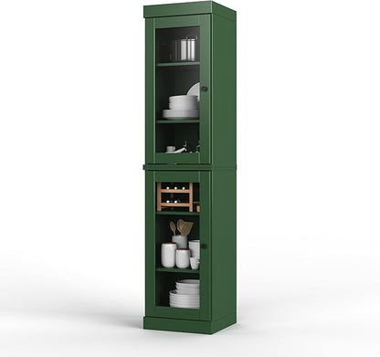Palace Imports Solid Wood Kitchen Pantry Cabinet w/Glass Doors - Narrow Storage Cabinet - 16.5" Wide x 71.5" Tall - Green, Adjustable Shelves, 100% Eco-Friendly Wood, Modular Cabinets
