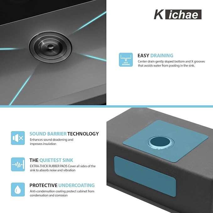 Kichae 33 Black Undermount Kitchen Sink - 33 inch Undermount Sink 16 Gauge Gunmetal Black Stainless Steel Deep Handmade Single Bowl Sink Basin Round Corner