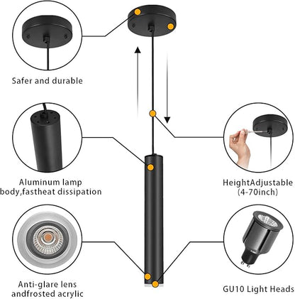 Modern Black Pendant Light Fixture for Kitchen Island, 1-Light Pendant Lighting, Lights Cord Adjustable, Matching GU10 lamp Holder,for Living Room Bedroom Dining Room（Wide Beam Angle）(3 Pack)