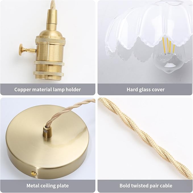 Mid Century Modern Pendant Light Nordic White Chandelier with Hand Blown Flower Glass Shade Brass Adjustable Height Dining Table Pendant Lamp with Switch for Kitchen Island Dining Room Hotel