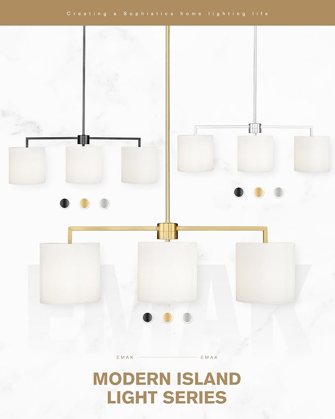 Emak 3-Light Dining Room Light Fixture, Brushed Nickel Kitchen Island Lighting with Linen Drum Shade, Modern Linear Chandeliers for Dining Room, Kitchen, Bar, IL128-BN-WF-3