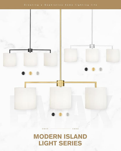 Emak 3-Light Dining Room Light Fixture, Brushed Nickel Kitchen Island Lighting with Linen Drum Shade, Modern Linear Chandeliers for Dining Room, Kitchen, Bar, IL128-BN-WF-3