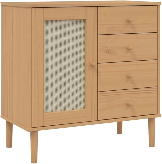 Brown Solid Pine Wood Sideboard, Rattan Look Buffet Cabinet with Drawers, 31.5 Inch Storage for Living Room, Hallway Furniture Kitchen Furnitur