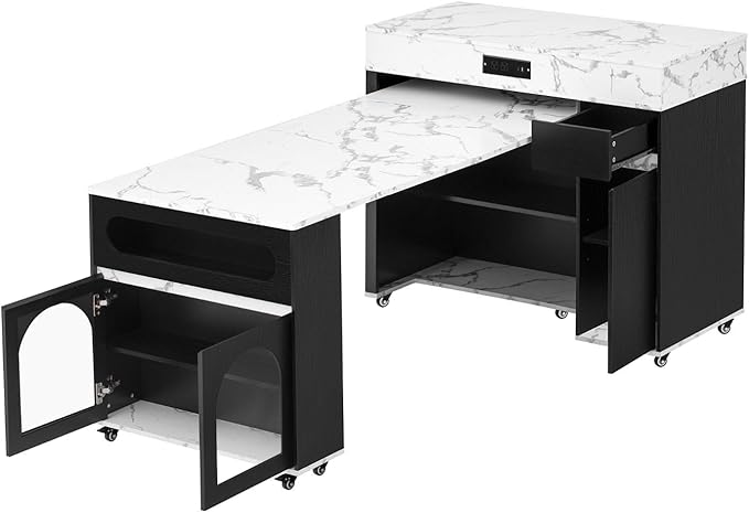 Extendable Dining Table with Rolling Kitchen Island, 54.1" Folding Top, Storage Cabinet, Drawers, Power Outlet, USB Ports, Brake Lock Wheels, 4-5 People, 110 LBS Capacity, Black