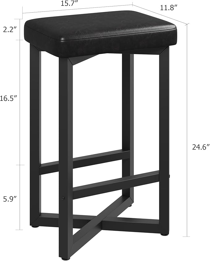 IDEALHOUSE Bar Stools Set of 2, 24.6" Counter Height Backless Barstools, Upholstered PU Leather Seats with Metal X-Frame & Footrest, Modern Kitchen Stools for Home Bar, Dining Room, Black