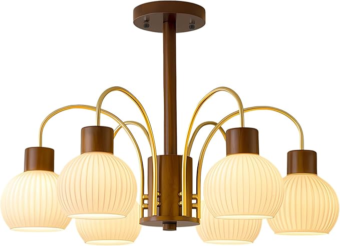 KCO Lighting 6-Lights Ribbed Milk Glass Chandelier Farmhouse Rustic Walnut Wood Chandelier Lighting Frosted White Globe Pendant Light Mid Century Modern Gold Semi Flush Mount Ceiling Light
