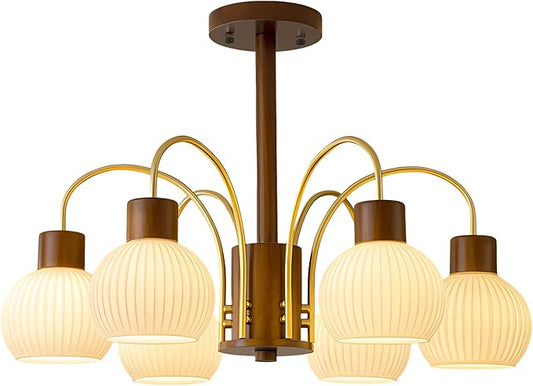 KCO Lighting 6-Lights Ribbed Milk Glass Chandelier Farmhouse Rustic Walnut Wood Chandelier Lighting Frosted White Globe Pendant Light Mid Century Modern Gold Semi Flush Mount Ceiling Light