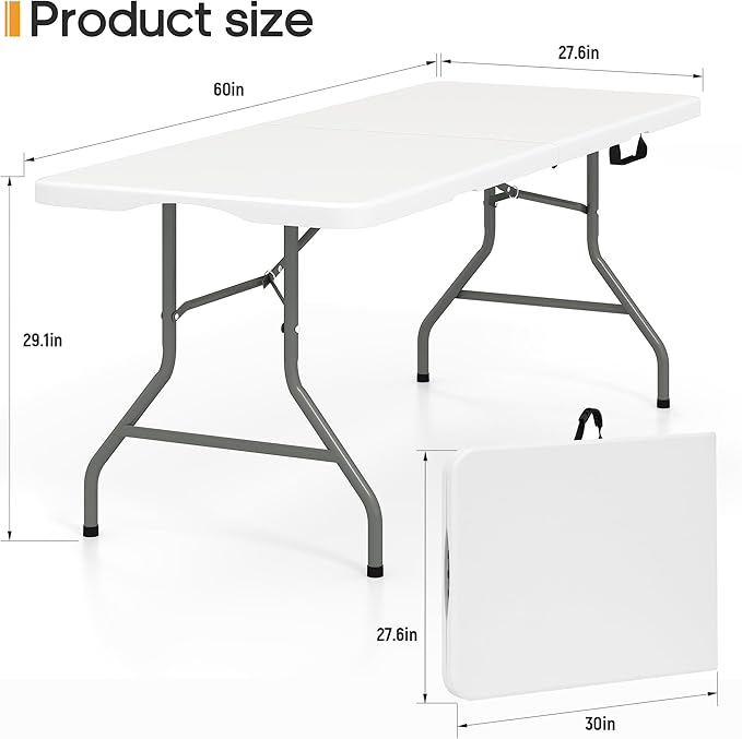 5ft Folding Table Heavy Duty 350 LBS Capacity Foldable Table with 18% Thicker HDPE Waterproof Top & Reinforced Steel Frame, Portable Fold-in-Half Table for Outdoor Indoor Party Wedding Camping
