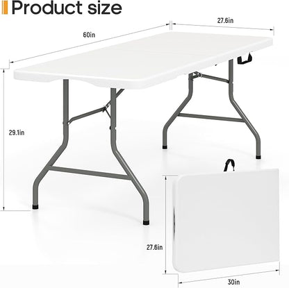 5ft Folding Table Heavy Duty 350 LBS Capacity Foldable Table with 18% Thicker HDPE Waterproof Top & Reinforced Steel Frame, Portable Fold-in-Half Table for Outdoor Indoor Party Wedding Camping