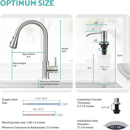 Kicimpro Kitchen Sink Faucet with Soap Dispenser, 3 Modes Kitchen Faucet with Pull Down Sprayer and Soap Dispenser, 304 Stainless Brushed Nickel Single Handle Kitchen Bar Faucets with Water Lines