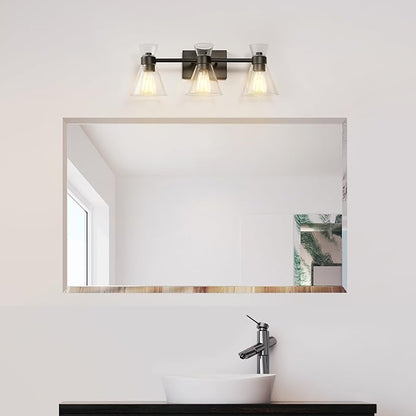 Globe Electric 63000055 3-Light Vanity Light, Matte Black, Clear Glass Shades, Bathroom Lights Over Mirror, Lights for Bathroom, Powder Room Lighting, Makeup Mirror Lights, Home Décor, Bathroom Décor