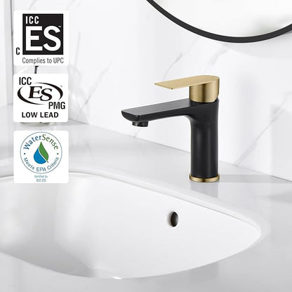 SUMERAIN Modern 304 Stainless Steel Bathroom Faucet Lead-Free Vanity Sink Faucet Black&Gold Single Handle Washbasin Faucet
