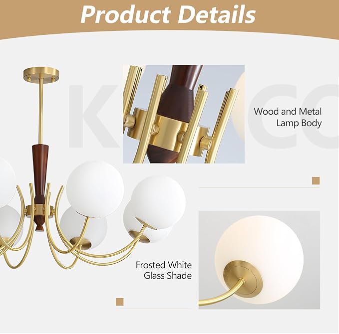 KCO Lighting 8 Light Brass Gold Chandelier White Milk Glass Pendant Light Mid Century Modern Dining Room Chandelier Vintage Chandeliers for Bedroom