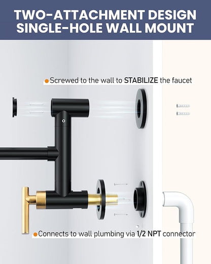 Pot Filler Faucet Black Gold: WOWOW Single Hole Wall Mount Stove Faucet, Solid Brass Pot Filler Two Attachment with Double Joint Swing Arms