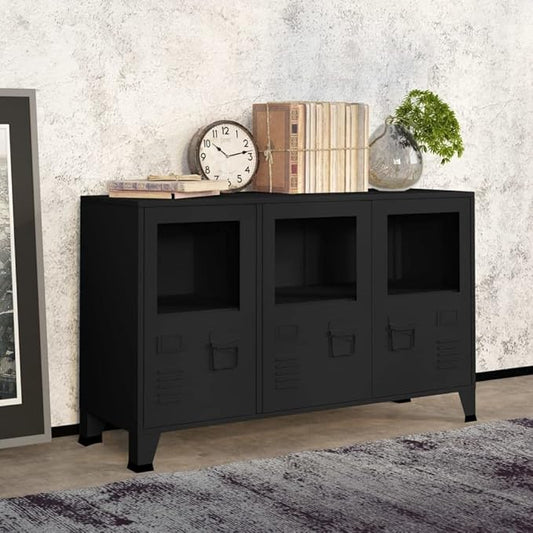 Black Metal Glass Sideboard, Rectangular Industrial Storage Cabinet, 41.3x13.8x24.4 Inch, Modern Living Room Dining Room Furniture Kitchen Furnitur