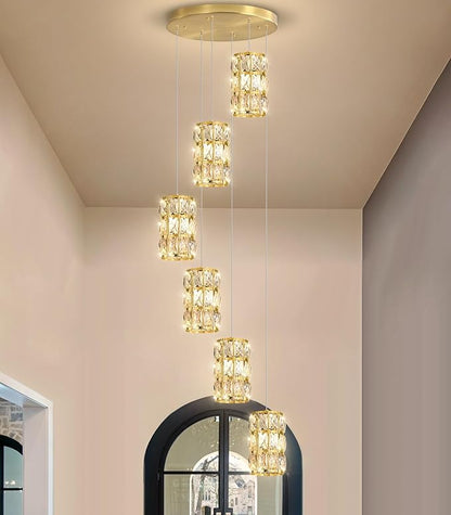 6-Lights Modern Crystal Pendant Lights for Kitchen Island LED Dimmable Glam Pendant Lighting Chandelier for Dining Room Hallway Corner Lamp Gold