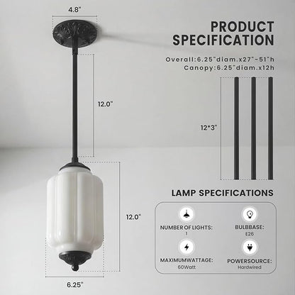 Farmhouse Pumpkin Pendant Light Vintage Milk Glass Shade, Brass Color Adjustable Canopy, Retro Industrial Glass Ceiling Light Fixture for Dining Room, Entryway，Kitchen Island (Black White)