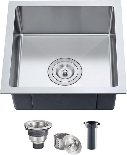 15 Inch Undermount Single Bowl Kitchen Sink, 18 Gauge 304 Stainless Steel Mini Bar Sink for Compact Kitchen & RV with X-Drain Groove & Noise Absorbing Pads,D15"xW15"xH6"