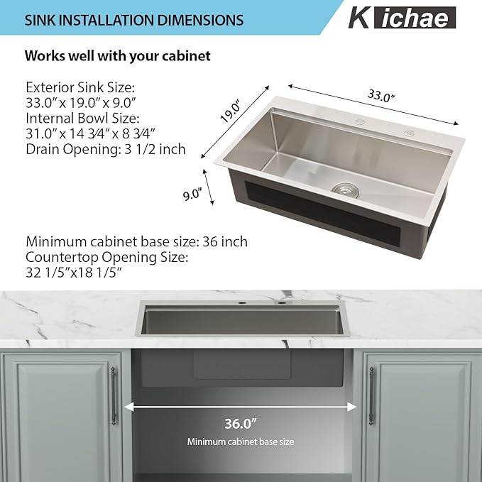 Kichae 33 Inch Drop in Kitchen Sink - 33x19 Drop Sink 16 Gauge Stainless Steel Sink Ledge Workstation Single Bowl Topmount Overmount Kitchen Sink Handmade Basin