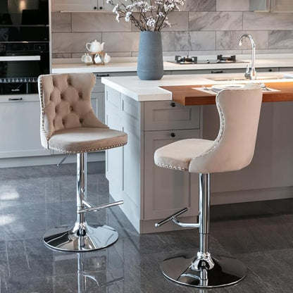 17.7 inch Base, Modern Upholstered Bar Stools with Backs Comfortable Tufted for Home Pub and Kitchen Island,Gray,Set of 2 (Khaki + Velvet + Foam)