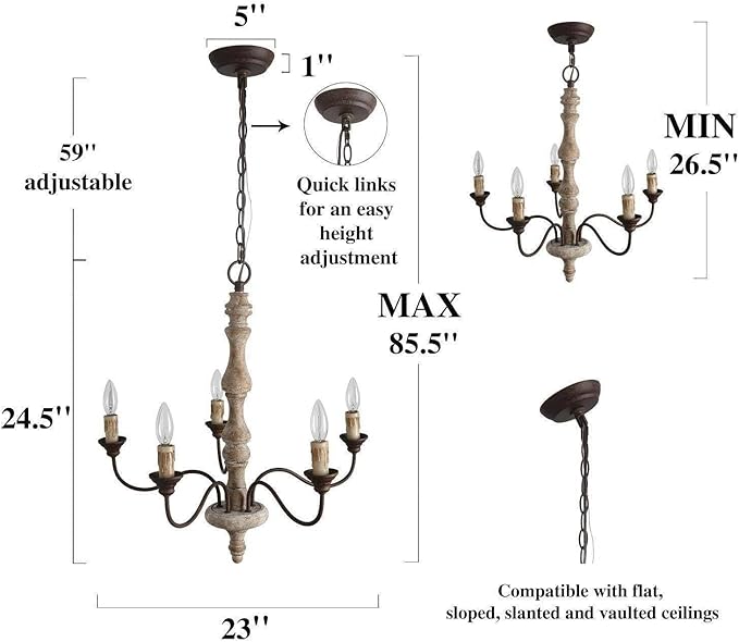Farmhouse Chandelier, 5-Light French Country Chandelier, Rustic Distressed Wood Chandeliers Light Fixture for Dining Room, Living Room, Bedroom, Foyer