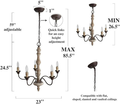 Farmhouse Chandelier, 5-Light French Country Chandelier, Rustic Distressed Wood Chandeliers Light Fixture for Dining Room, Living Room, Bedroom, Foyer