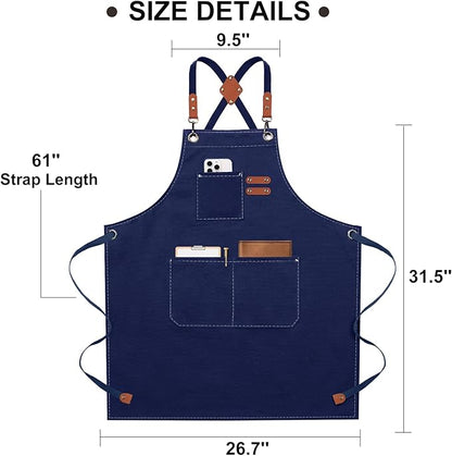 ZOMAO Chef Apron for Women Men with Large Pockets, Cotton Canvas Cross Back Waterproof Work Aprons for Kitchen Cooking Bib