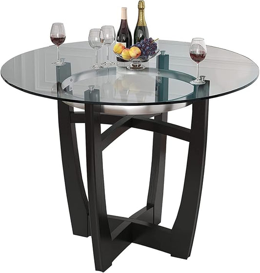 42" Glass Top Round Counter Height Table with Solid Wood Base, 1/2" Thick Tempered Glass, 35.5" High Dining Table
