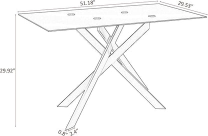 51" Rectangle Dining Table for 4 5 6 People, Modern Dining Room Tables with Black Chrome Metal X-Shaped Legs, Black Glass Dining Table Large Kitchen Table Family Dinner Table for Home Office