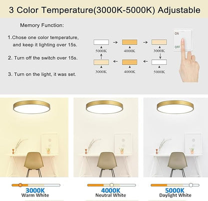 2 Pack Gold Flush Mount Ceiling Light, 12 Inch Metal Modern Round Gold Light Fixtures - 3 Colors, 3000K-5000K LED, 20W Low Profile Ceiling Lighting for Bedroom, Living Room, Hallway