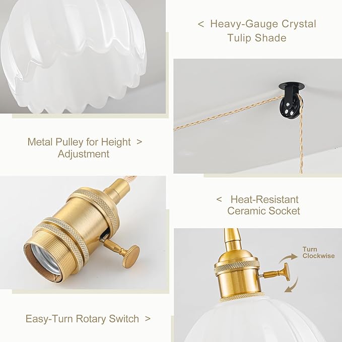 Plug in Pendant Light Fixtures, Hanging Light Fixture Vintage Glass Pendant Light, Mini Milk White Tulip Hanging Lamp, Pendant Lighting for Kitchen Island, Bedroom, Dining Room, Living Room