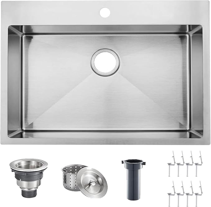 VAPSINT 28 Inch Drop in Kitchen Sink, 28x18 Inch Top Mount 16 Gauge Commercial T304 Stainless Steel Sink for Kitchen, 9 Inch Deep Handmade Single Bowl Basin Laundry Utility Wet Prep Sink, Fregadero