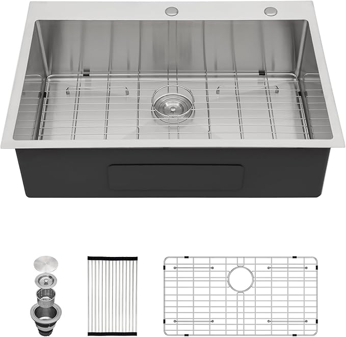 Kichae 30 Inch Drop In Kitchen Sink - Stainless Steel Kitchen Sinks 30x22x9 Inch Topmount Overmount Single Bowl Handmade Basin