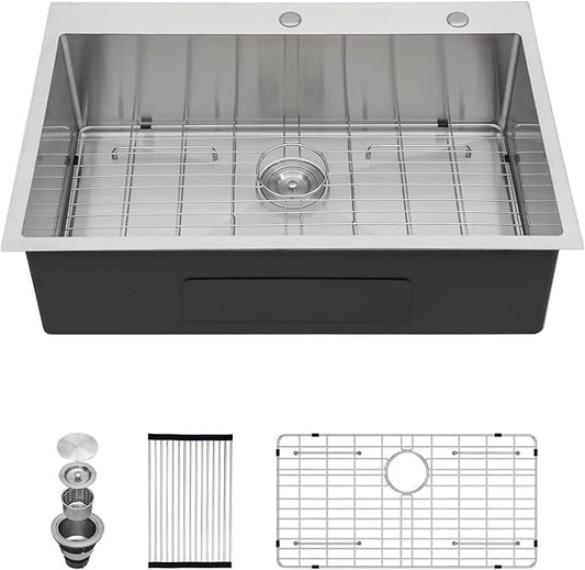 Kichae 30 Inch Drop In Kitchen Sink - Stainless Steel Kitchen Sinks 30x22x9 Inch Topmount Overmount Single Bowl Handmade Basin