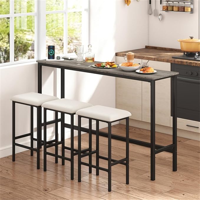 4 Piece Bar Table Set, Counter Height Pub Table with 3 Stools and USB Ports, Kitchen Dining Set for Apartment, Gray Pub Table with 3 Stools, Kitchen Island Tables, Pub Tables Counter Height Stool Set