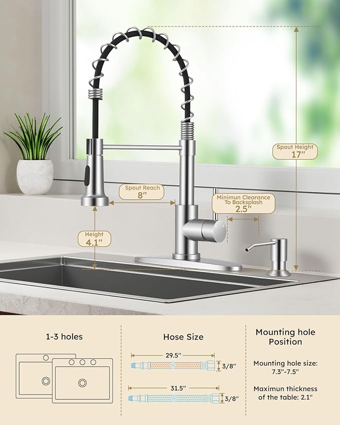 Arofa Kitchen Faucet with Pull Down Sprayer, Brushed Nickel Kitchen Sink Faucet 1-3 Hole Single Handle High Arc Stainless Steel Commercial Modern Kitchen Faucets for RV/Laundry/Outdoor/Bathroom Sink