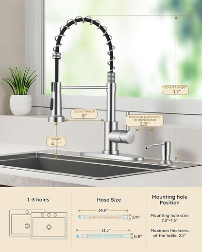 Arofa Kitchen Faucet with Pull Down Sprayer, Brushed Nickel Kitchen Sink Faucet 1-3 Hole Single Handle High Arc Stainless Steel Commercial Modern Kitchen Faucets for RV/Laundry/Outdoor/Bathroom Sink